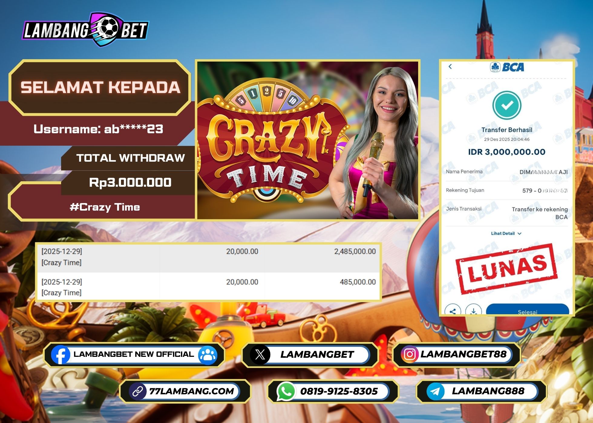 LAMBANGBET [29 DESEMBER 2025] JACKPOT LIVE CASINO Crazy Time 1000 "Rp3.000.000" LUNAS